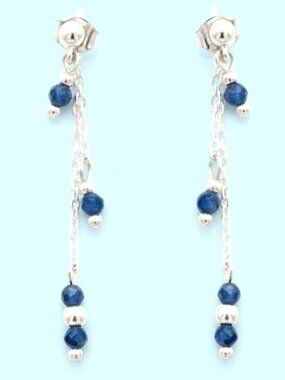 Natural Blue Sapphire Sterling Silver Chain Earrings, Minimalist Jewelry